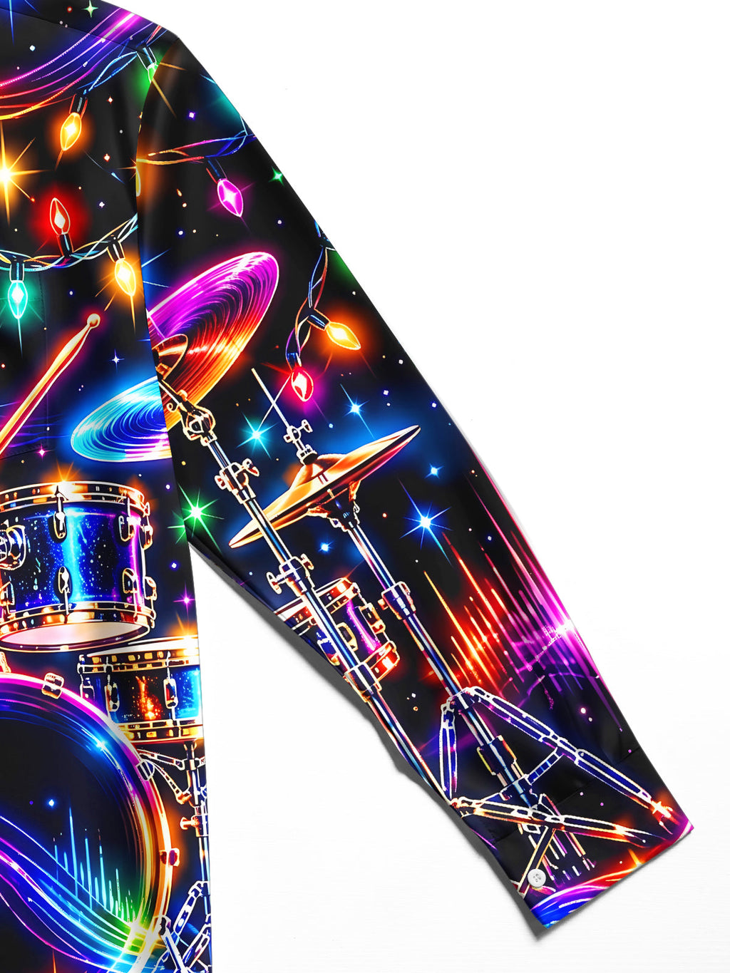 Oceanlyte Men's Neon Drum Kit And Christmas Lights Print Long Sleeve Shirt with Chest Pocket