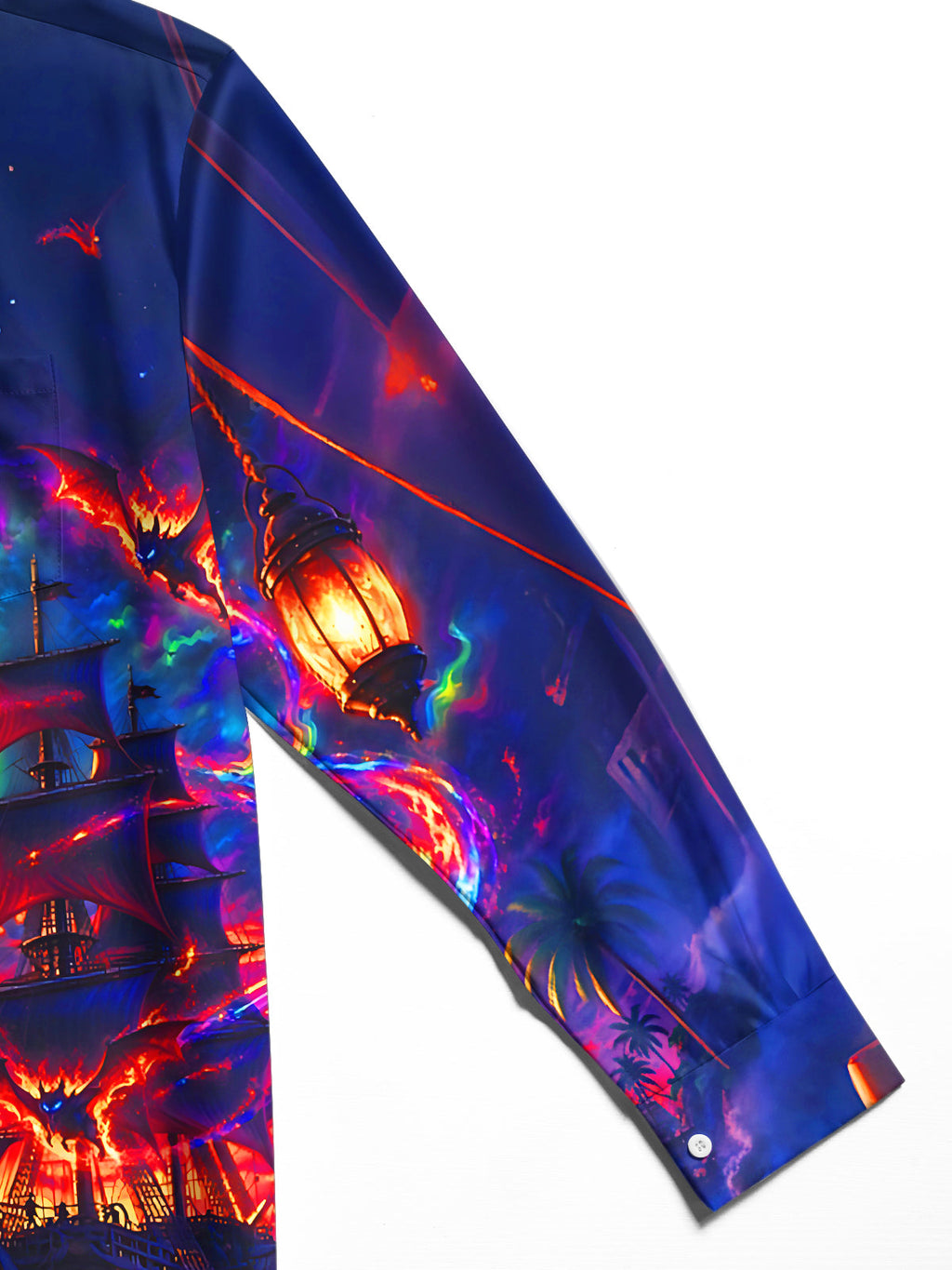 Oceanlyte Men's Long Sleeve Shirt - Ghost Pirate Ship And Bats Under Full Moon Print with Chest Pocket