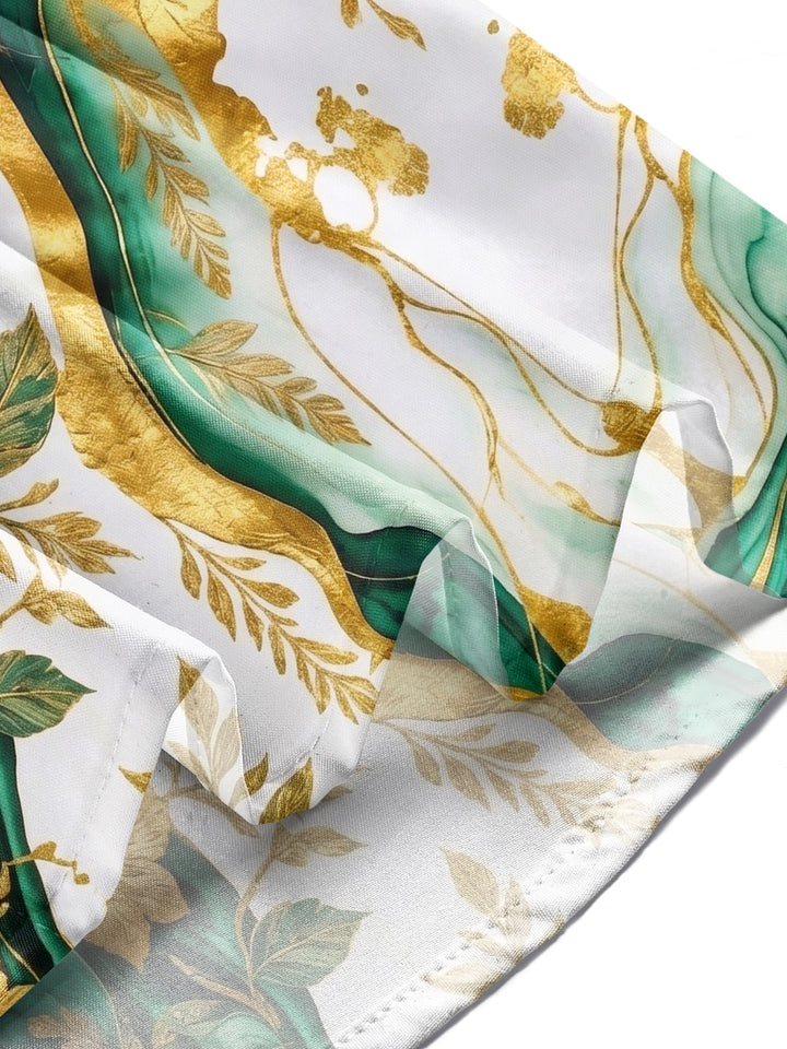 Oceanlyte Men's Tropical Green Floral Leaf Print Long Sleeve Button Down Shirt with Chest Pocket