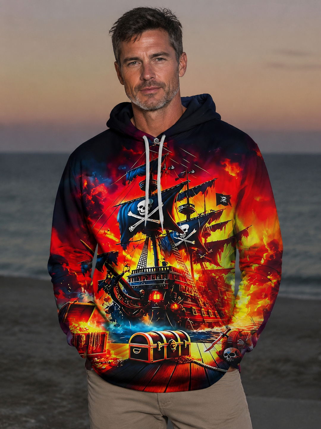 Dark Pirate Ship Men's Long Sleeve Pocket Hooded Sweatshirt