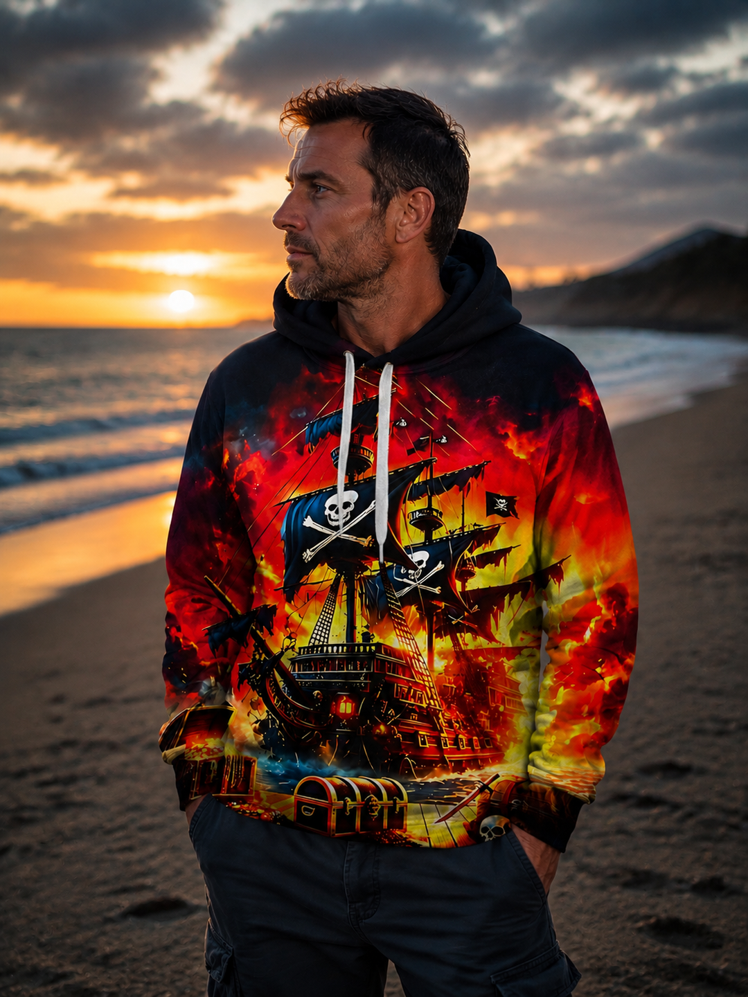 Dark Pirate Ship Men's Long Sleeve Pocket Hooded Sweatshirt