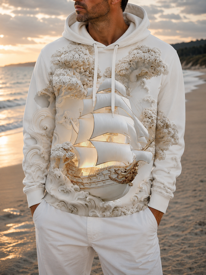 Sailboat Pine Tree Print Men's Long Sleeve Pocket Hooded Sweatshirt