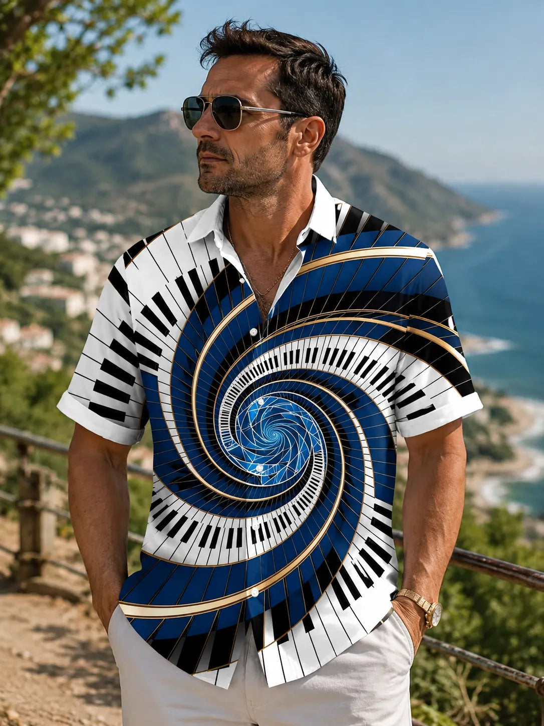 Oceanlyte Men's Graphic Spiral Piano Keys Print Short Sleeve Shirt with Chest Pocket