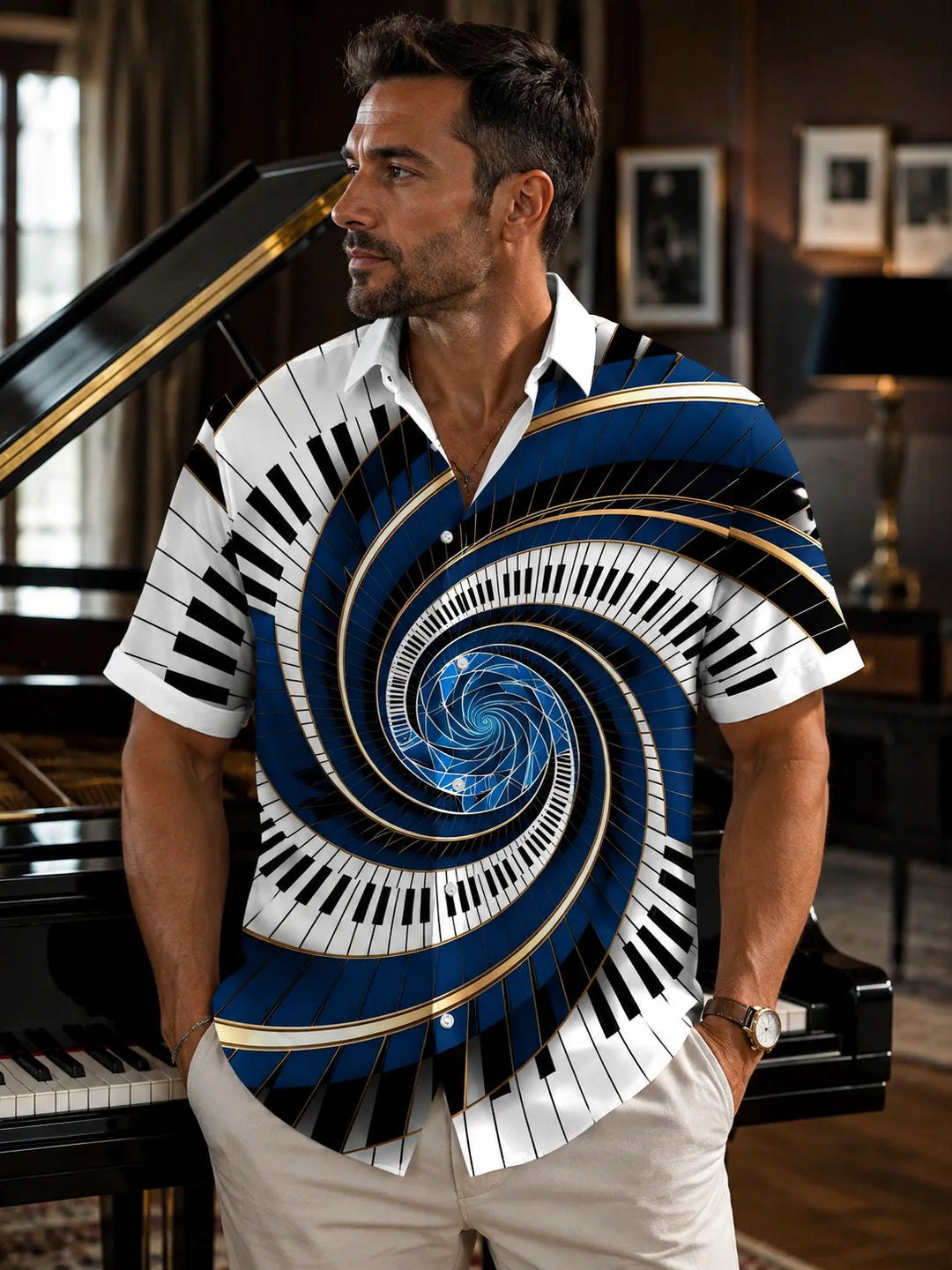 Music Piano Geometry Men's Pocket Short Sleeve Shirts