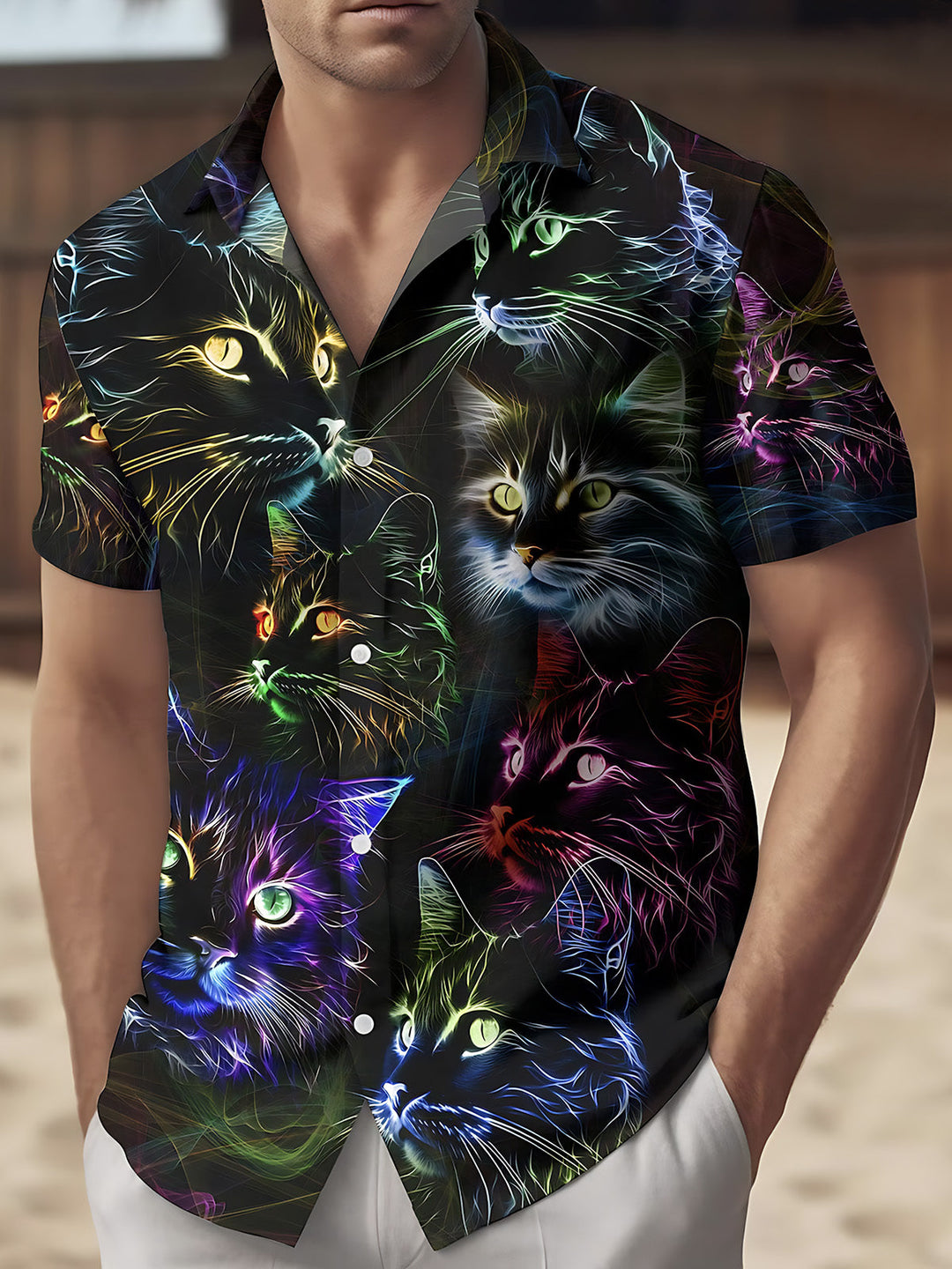 Colorful Cat Print Men's Pocket Short Sleeve Shirts