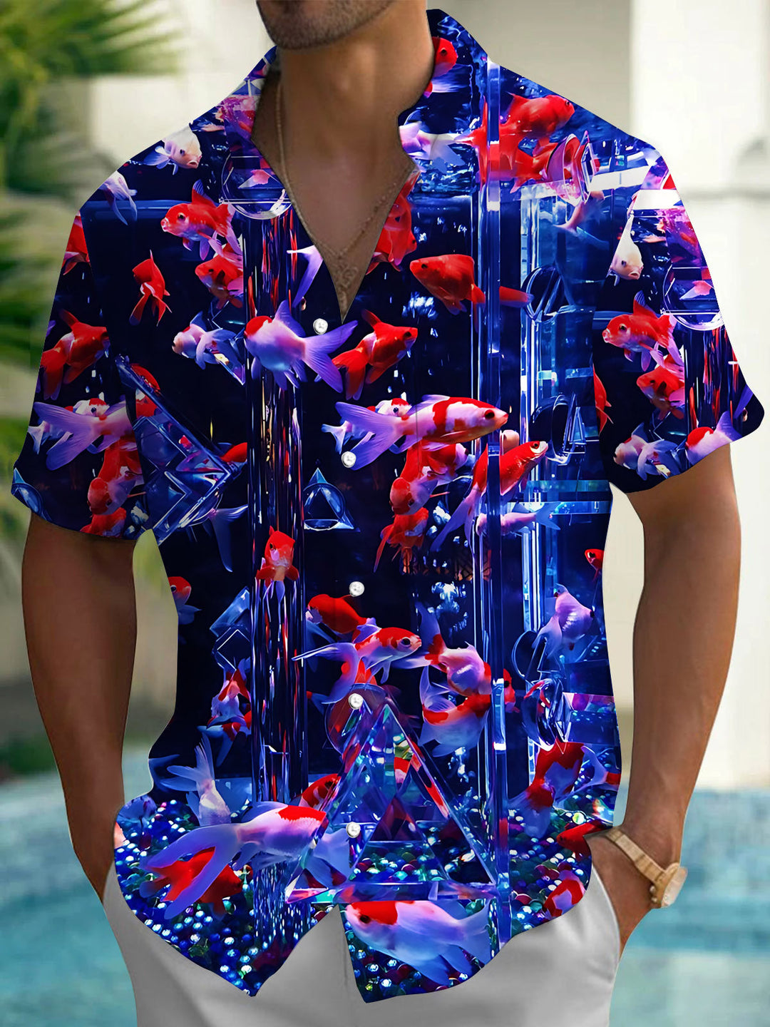 Goldfish Print Men's Pocket Short Sleeve Shirts