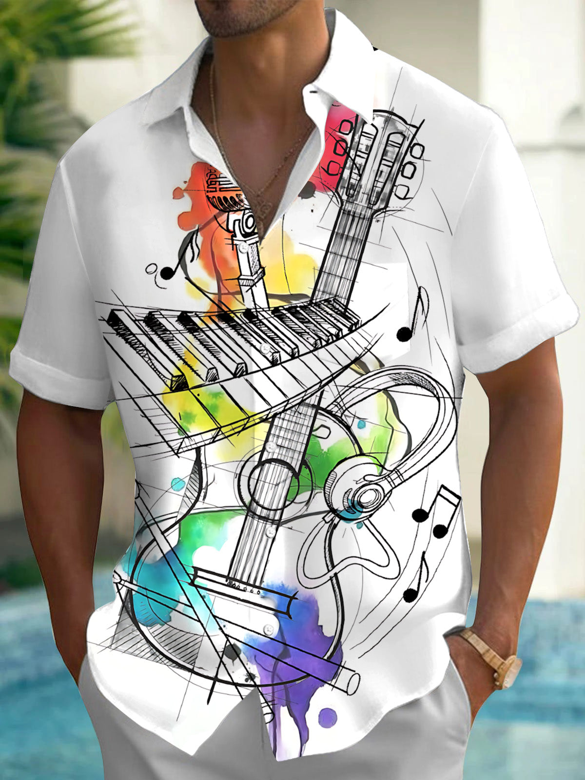 Oceanlyte Men's Graphic Abstract Musical Instrument Sketch Print Short Sleeve Button Down Shirt with Chest Pocket