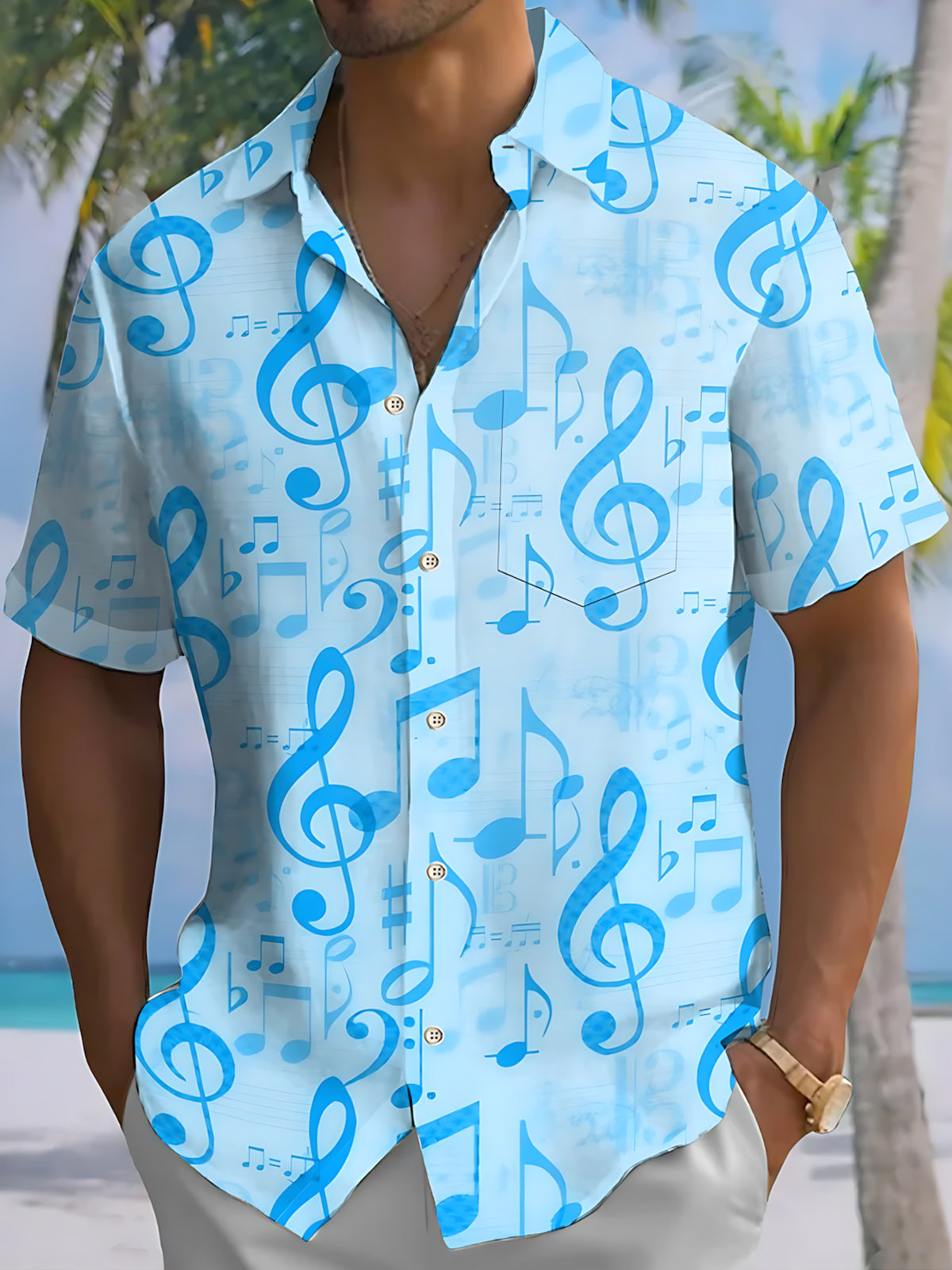 Oceanlyte Men's Graphic Musical Notes Pattern Print Short Sleeve Button Down Shirt with Chest Pocket