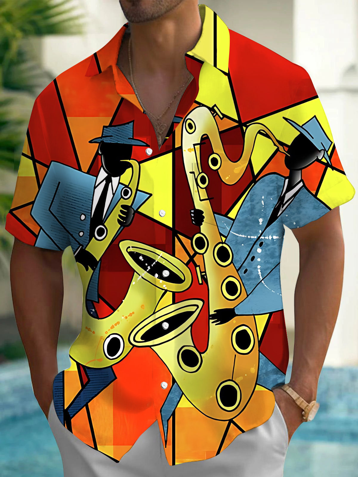 Oceanlyte Men's Graphic Geometric Saxophone Musician Abstract Print Short Sleeve Button Down Shirt with Chest Pocket