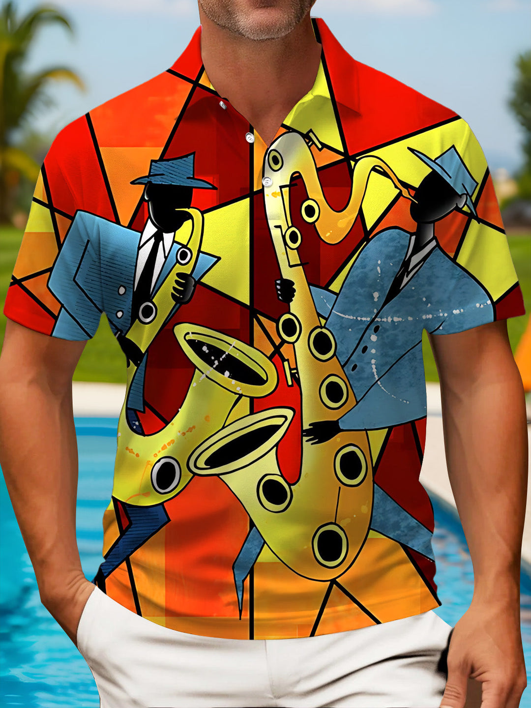 Oceanlyte Men's Geometric Abstract Saxophone Musician Graphic Print Short Sleeve Button Down Shirt