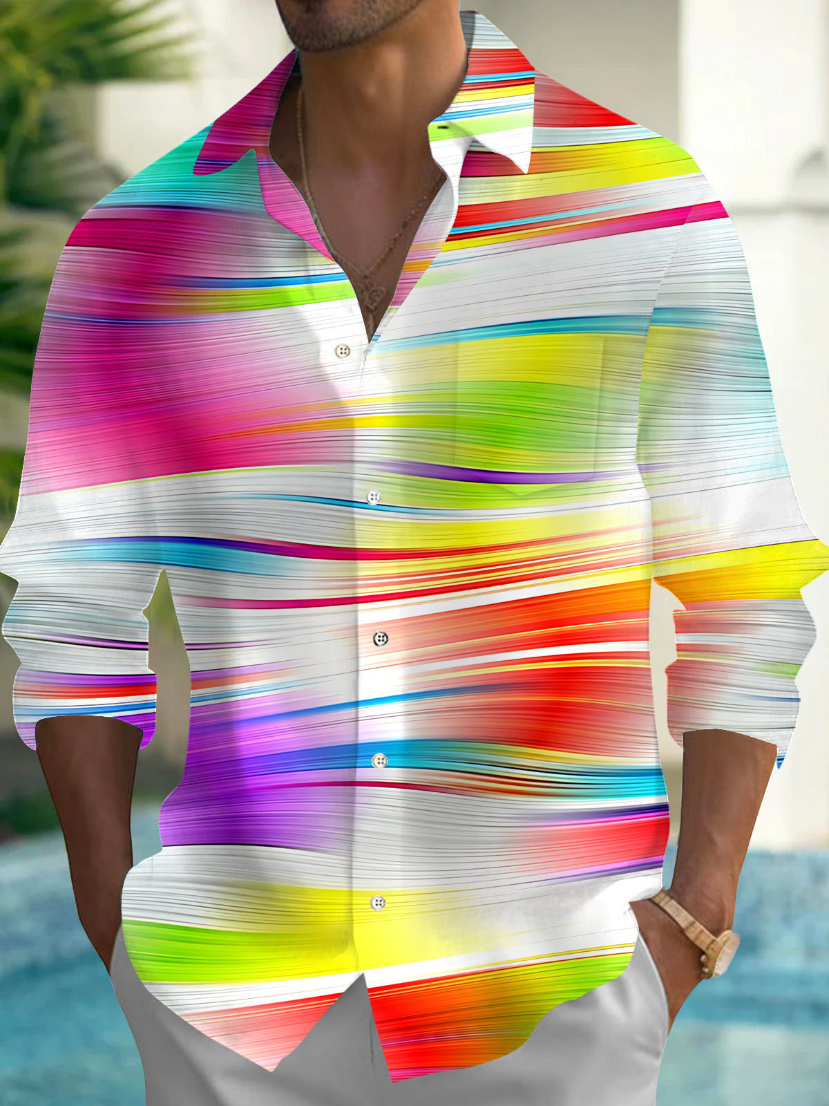 Oceanlyte Men's Striped Abstract Wavy Colorful Line Long Sleeve Button Down Shirt with Chest Pocket