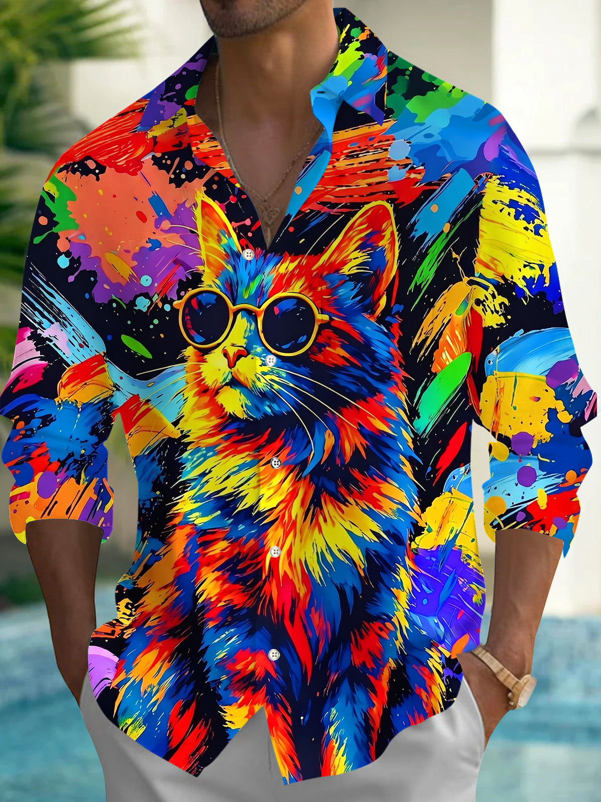Oceanlyte Men's Abstract Colorful Cat Sunglasses Graphic Print Long Sleeve Button Down Shirt with Chest Pocket