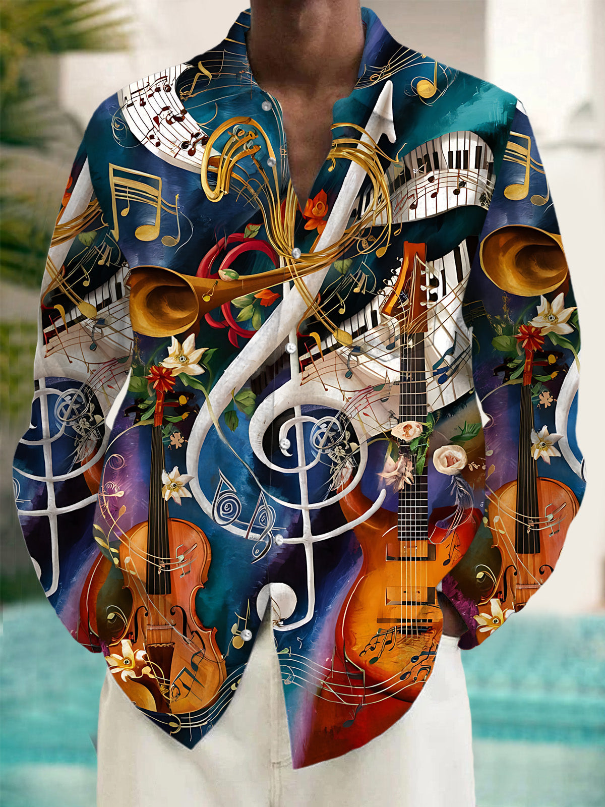 Oceanlyte Men's Graphic Floral Musical Instruments And Notes Print Long Sleeve Button Down Shirt with Chest Pocket