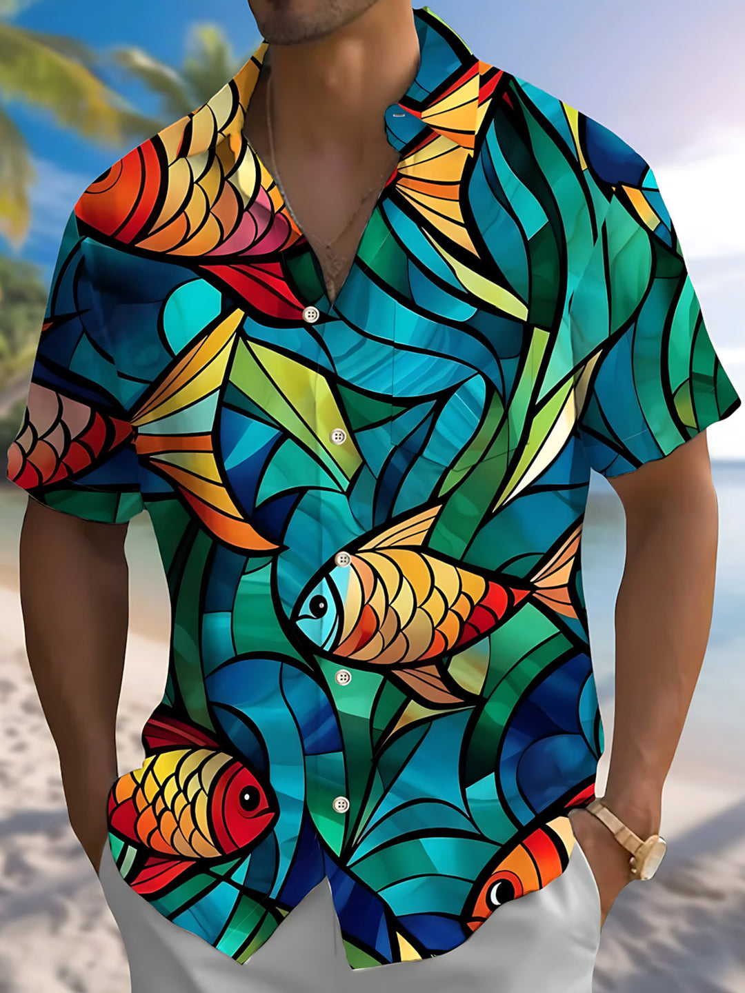 Fish Print Men's Pocket Short Sleeve Shirts