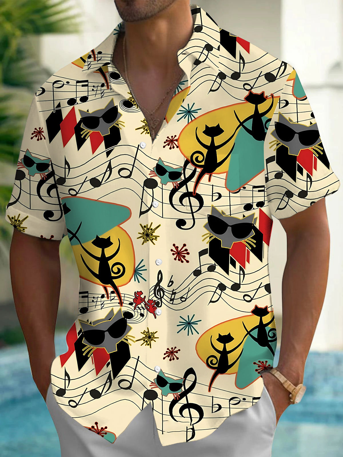 Oceanlyte Men's Graphic Retro Cat Music Notes Print Short Sleeve Button Down Shirt with Chest Pocket