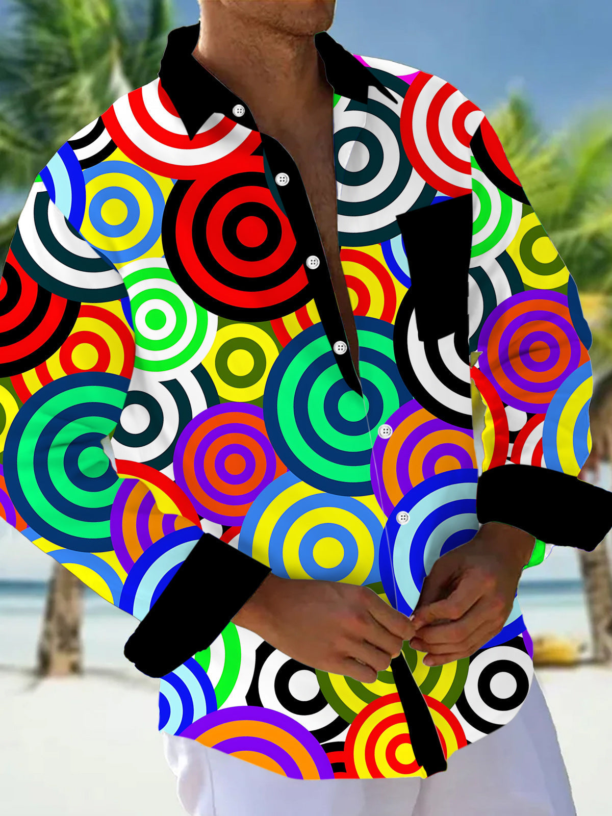 Oceanlyte Men's Graphic Geometric Concentric Circles Print Long Sleeve Button Down Shirt with Chest Pocket