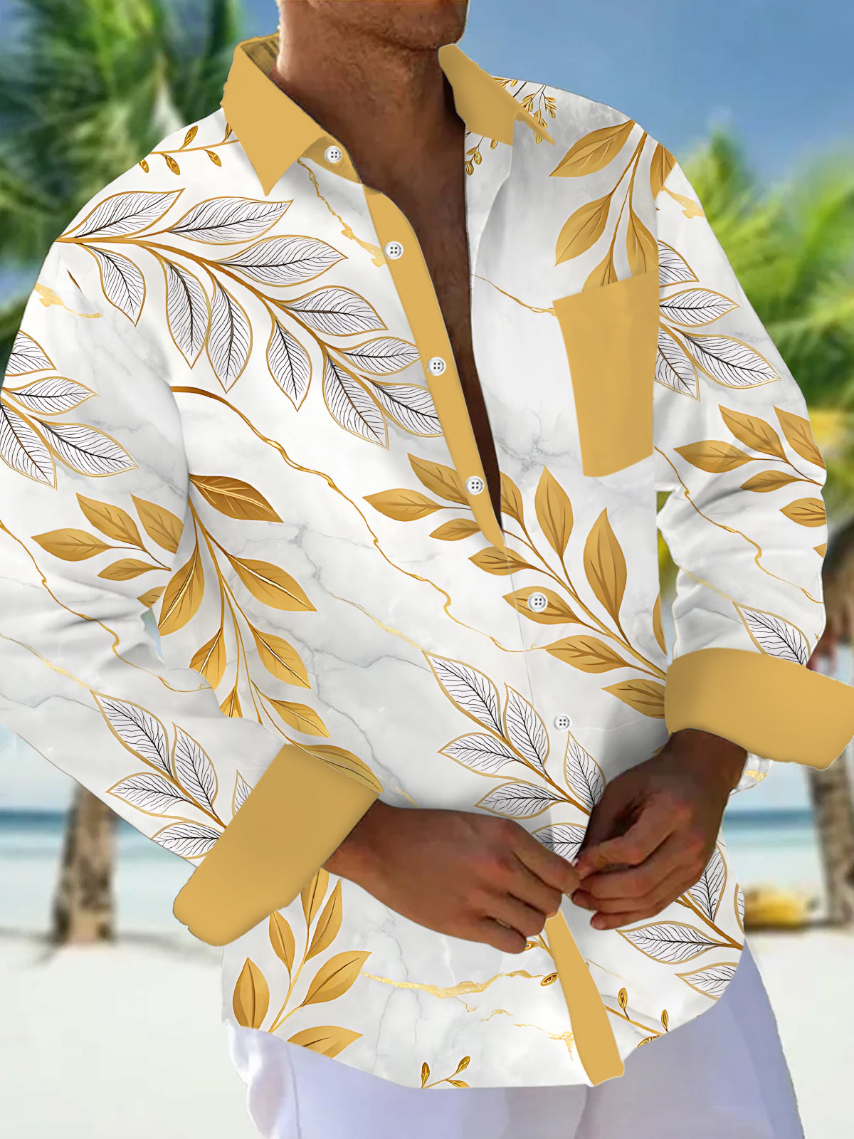 Oceanlyte Men's Graphic Floral Gold Leaf Marble Pattern Print Long Sleeve Button Down Shirt with Chest Pocket
