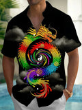 Oceanlyte Men's Graphic Rainbow Dragon Yin Yang Print Short Sleeve Button Down Shirt with Chest Pocket