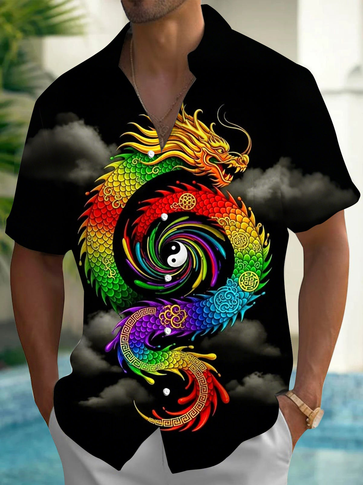 Oceanlyte Men's Graphic Rainbow Dragon Yin Yang Print Short Sleeve Button Down Shirt with Chest Pocket