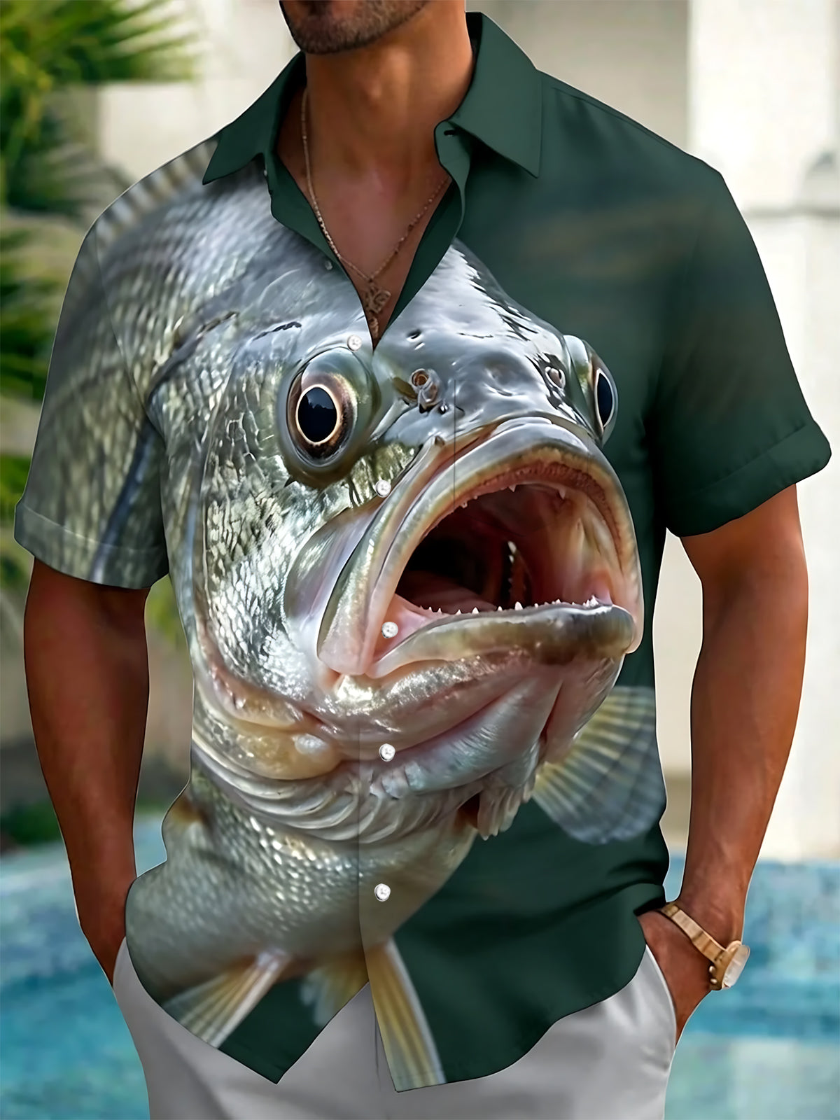 Fish Print Men's Pocket Short Sleeve Shirts