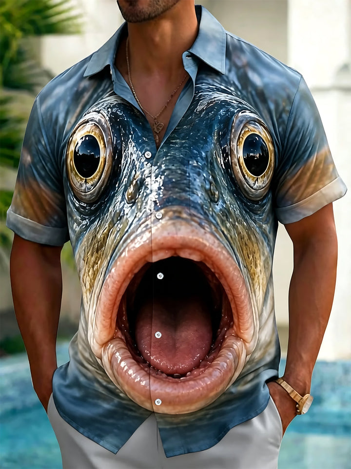 Funny Fish Head Print Men's Pocket Short Sleeve Shirts