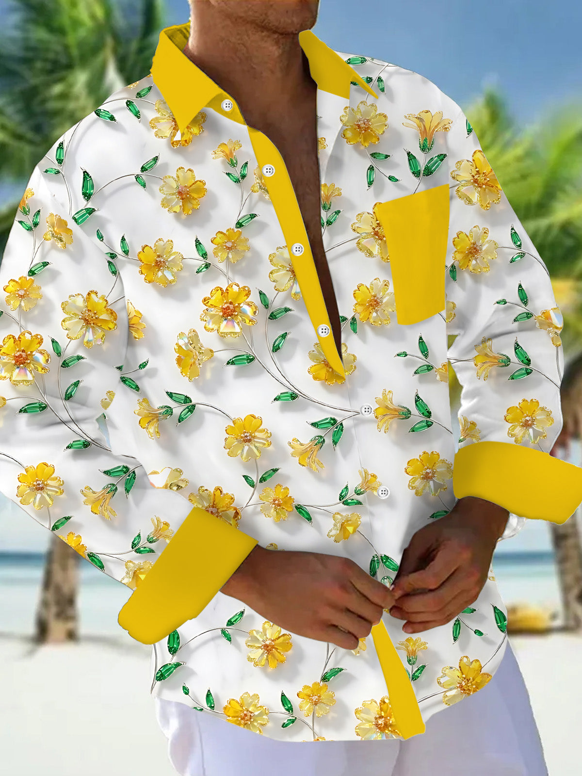 Oceanlyte Men's Yellow Floral Print Long Sleeve Button Down Shirt with Chest Pocket