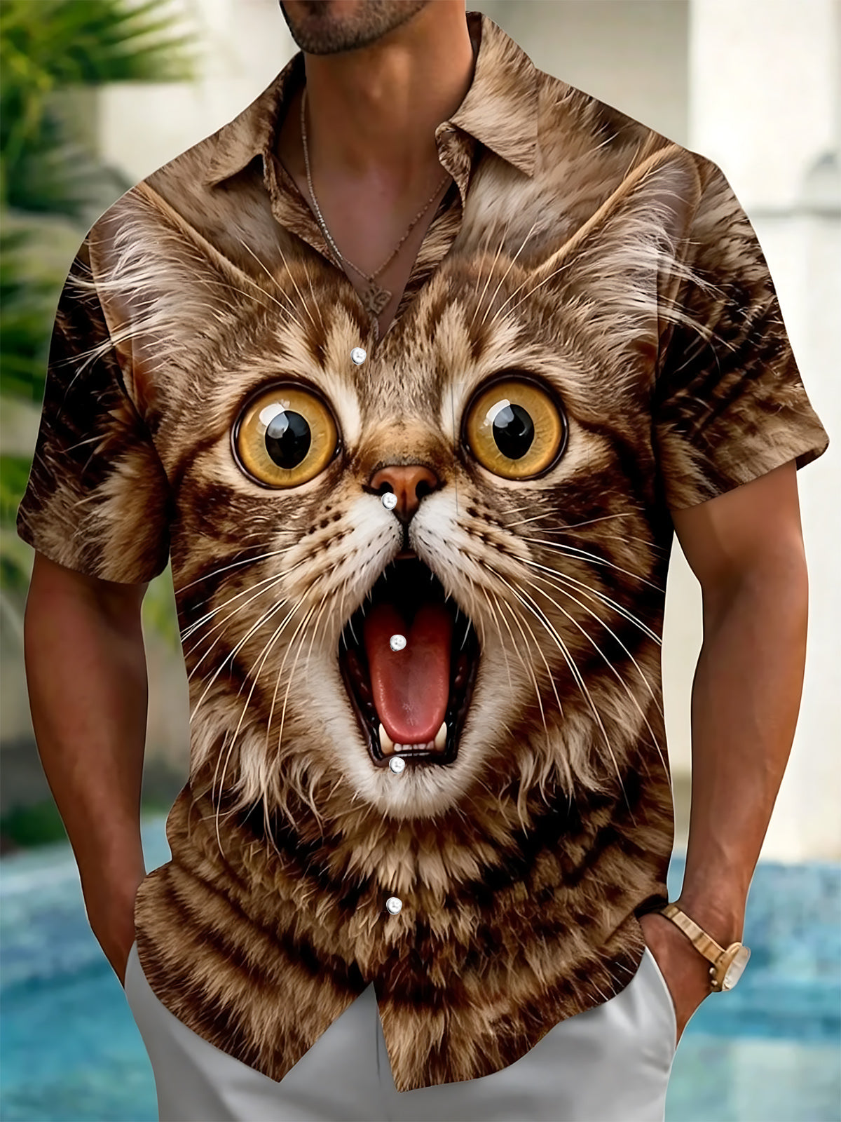 Cat Print Men's Pocket Short Sleeve Shirts
