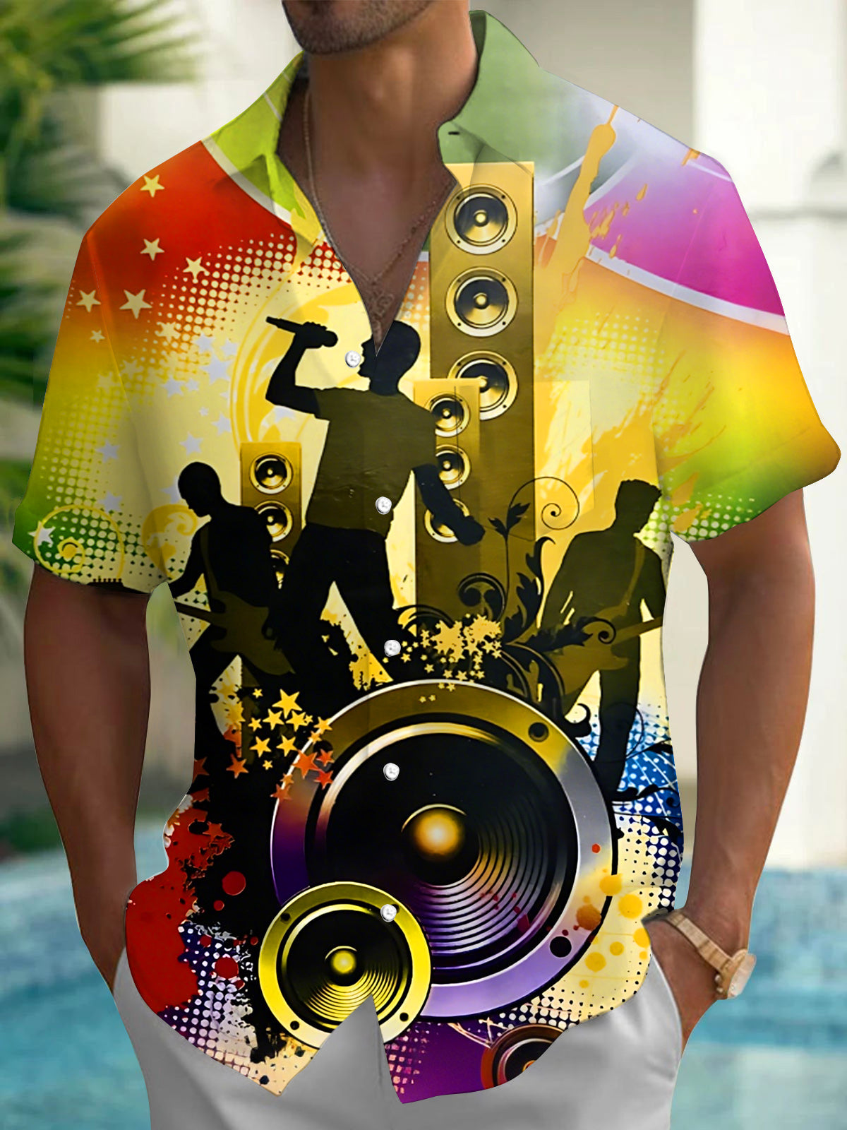 Oceanlyte Men's Graphic Music Singer Speaker Print Short Sleeve Button Down Shirt with Chest Pocket