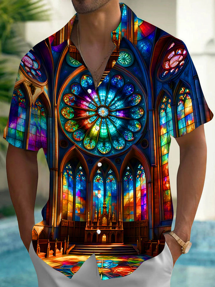 Oceanlyte Men's Graphic Stained Glass Church Print Short Sleeve Button Down Shirt with Chest Pocket