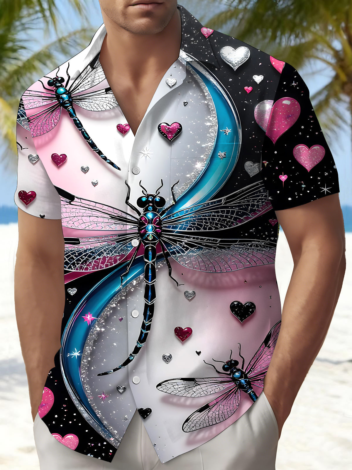 Oceanlyte Men's Graphic Dragonfly Heart Pattern Print Short Sleeve Button Down Shirt with Chest Pocket