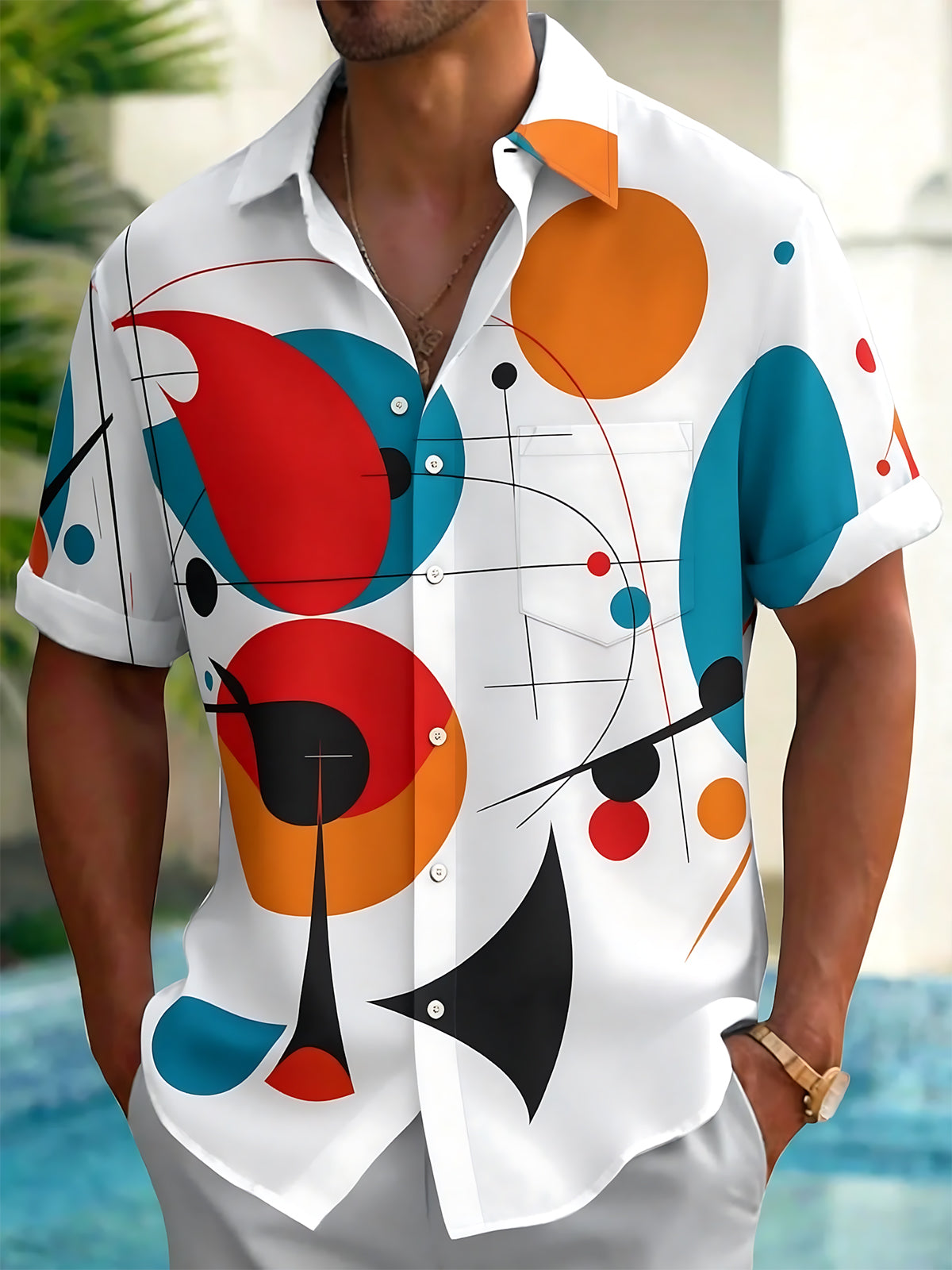 Oceanlyte Men's Graphic Abstract Geometric Shapes Print Short Sleeve Button Down Shirt with Chest Pocket
