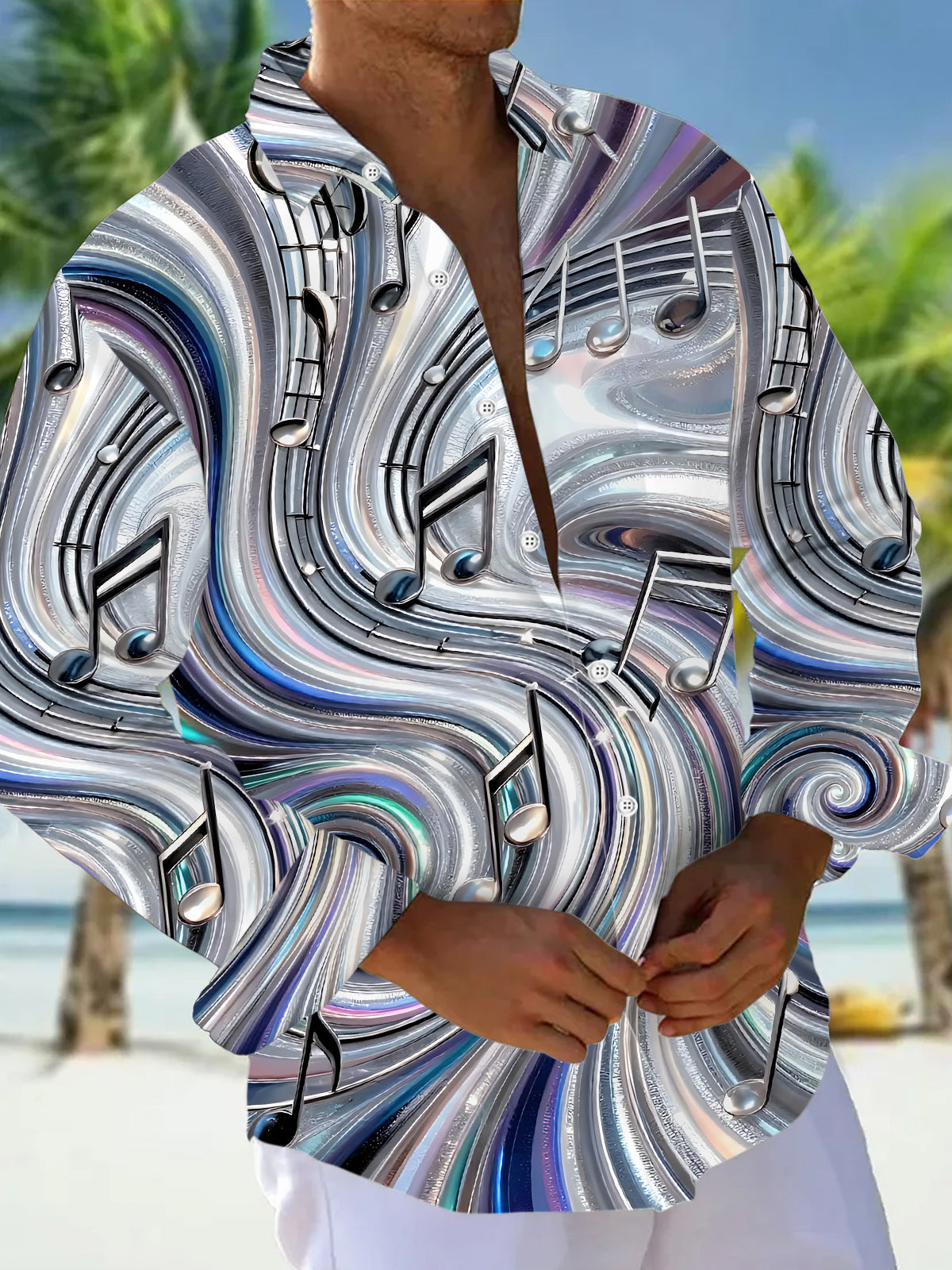 Oceanlyte Men's Graphic 3D Abstract Musical Note Swirl Print Long Sleeve Button Down Shirt with Chest Pocket