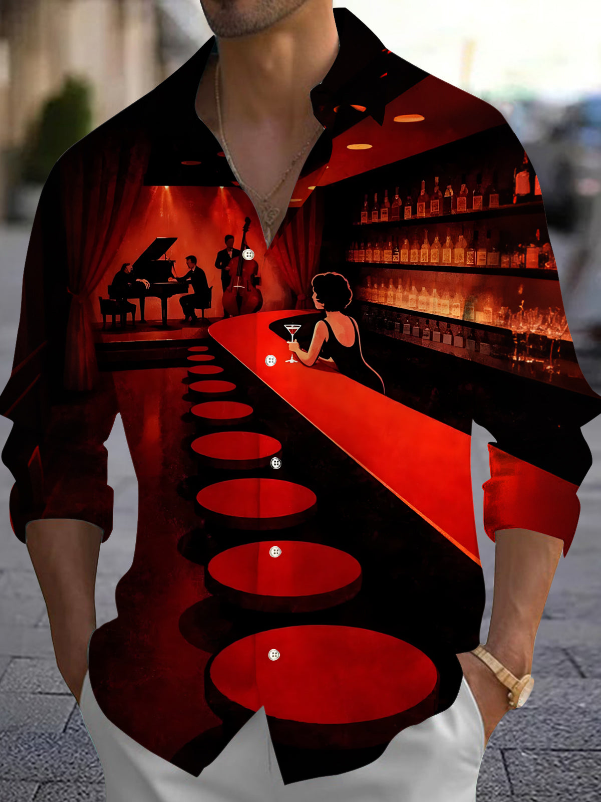 Oceanlyte Men's 3D Red Bar Scene Graphic Print Long Sleeve Button Down Shirt with Chest Pocket