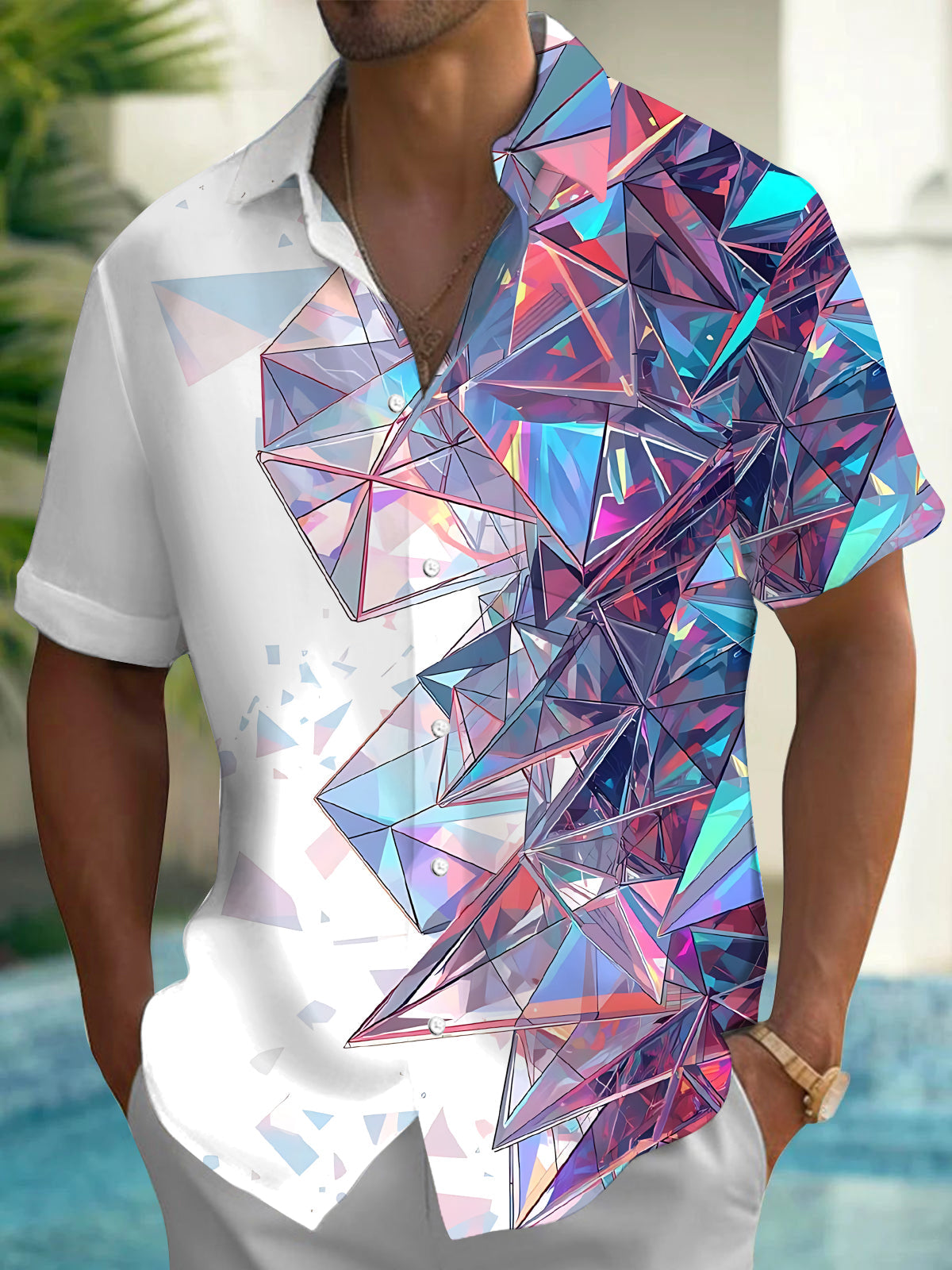 Oceanlyte Men's Graphic Abstract 3D Geometric Crystal Print Short Sleeve Button Down Shirt with Chest Pocket