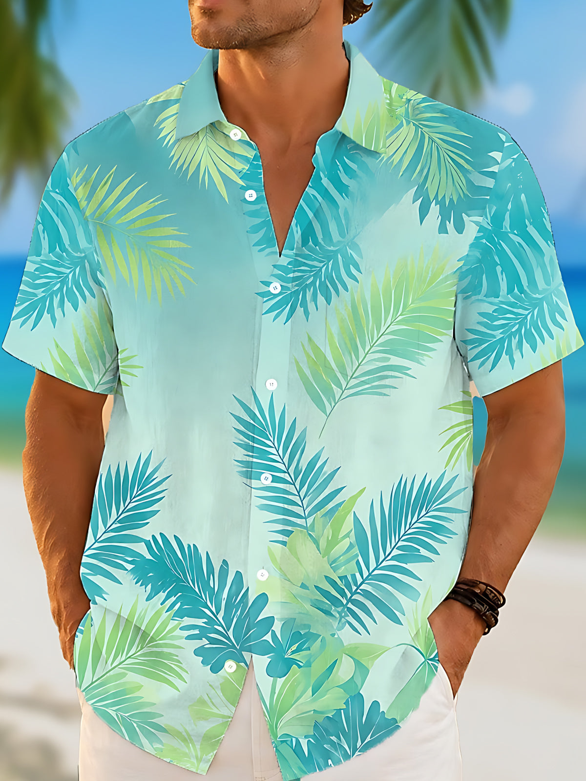 Oceanlyte Men's Green Teal Hawaiian Tropical Palm Leaf Print Short Sleeve Button Down Shirt with Chest Pocket