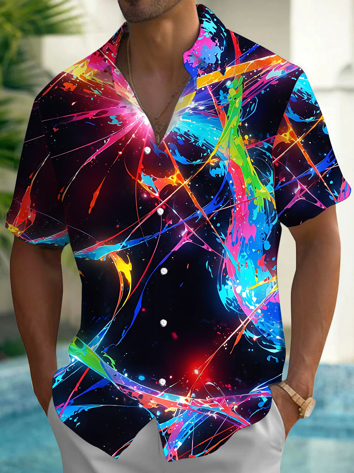 Oceanlyte Men's Black Blue Graphic Abstract Paint Splatter Print Short Sleeve Button Down Shirt with Chest Pocket