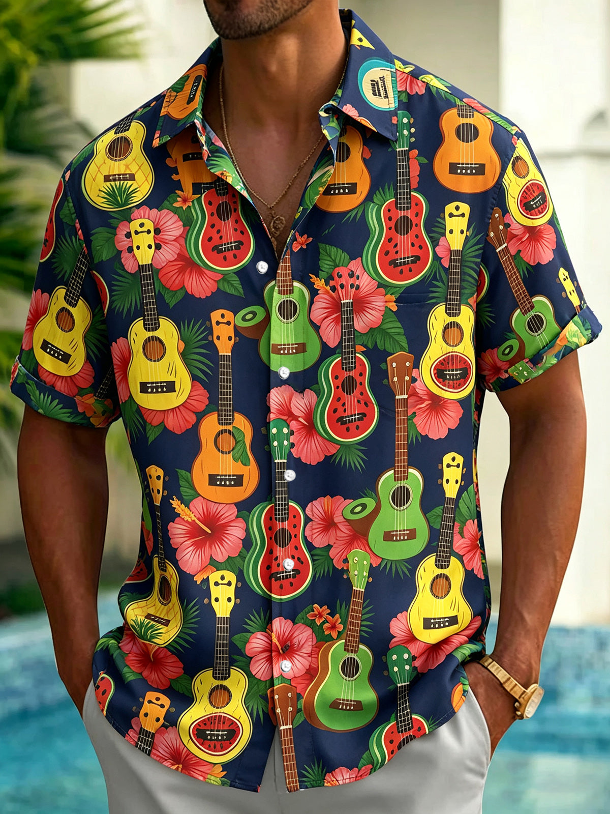 Oceanlyte Men's Hawaiian Floral Ukulele Hibiscus Pattern Print Short Sleeve Button Down Shirt with Chest Pocket