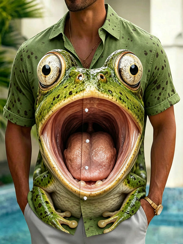 Funny Frog Print Men's Pocket Short Sleeve Shirts