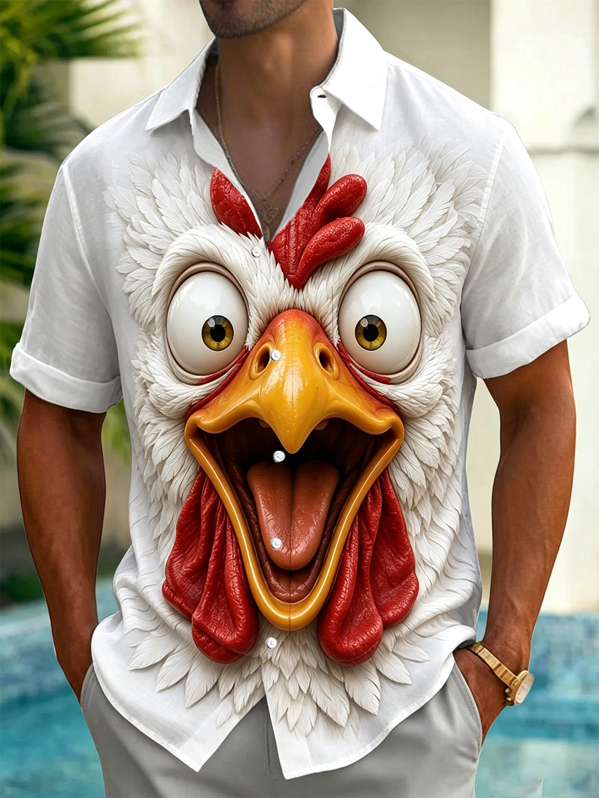 Oceanlyte Men's 3D Chicken Head Graphic Print Short Sleeve Button Down Shirt with Chest Pocket