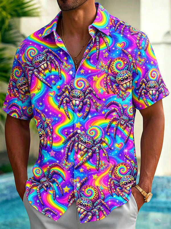Colorful Psychedelic Spider Print Men's Pocket Short Sleeve Shirts