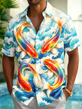 Oceanlyte Men's Graphic Koi Fish Wave Print Short Sleeve Button Down Shirt with Chest Pocket