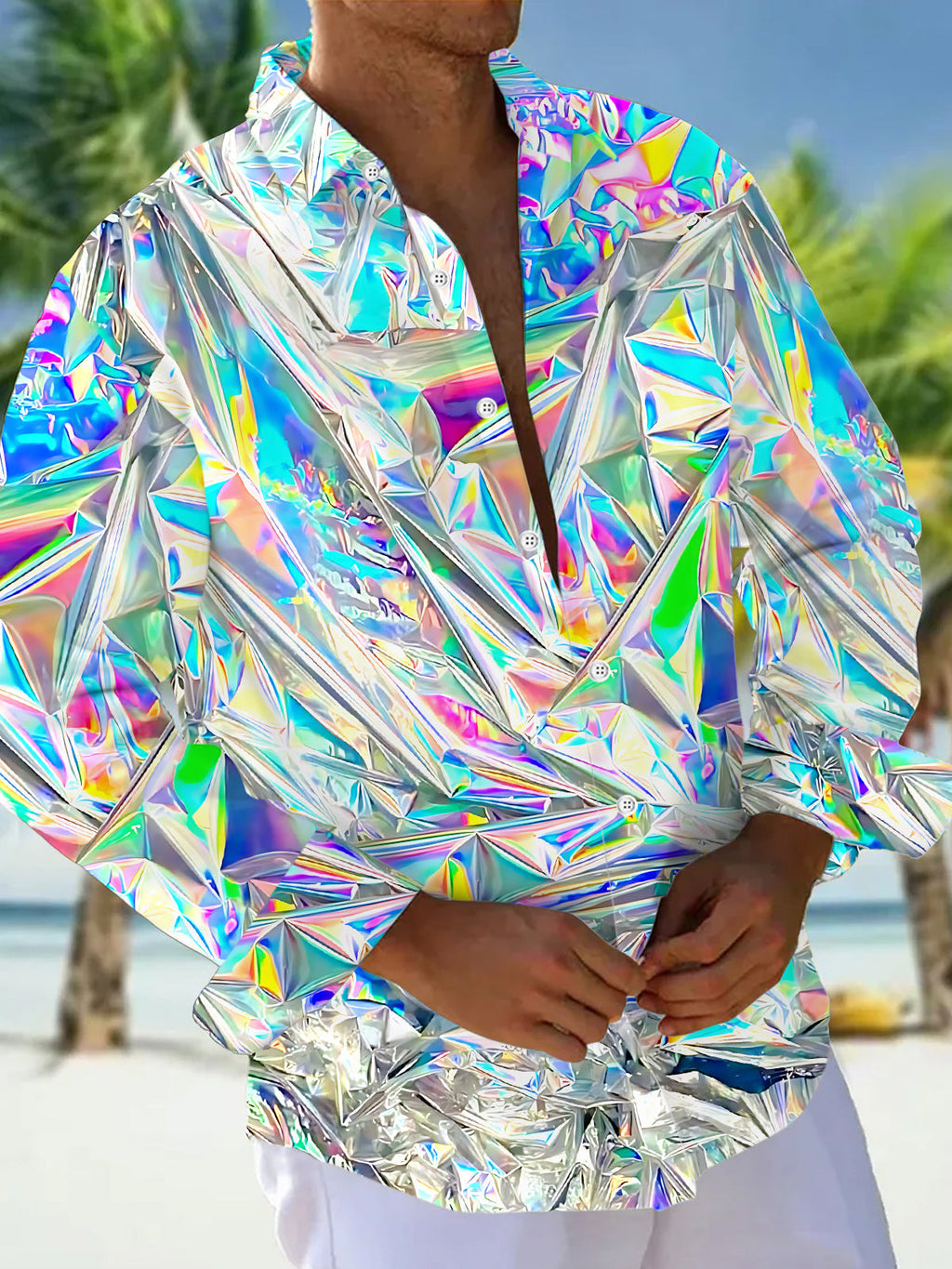 Oceanlyte Men's Graphic 3D Holographic Crinkled Foil Print Long Sleeve Button Down Shirt with Chest Pocket