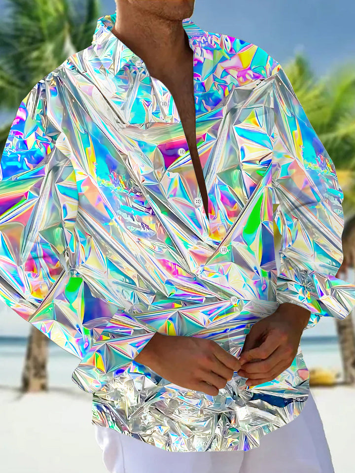 Oceanlyte Men's Graphic 3D Holographic Crinkled Foil Print Long Sleeve Button Down Shirt with Chest Pocket