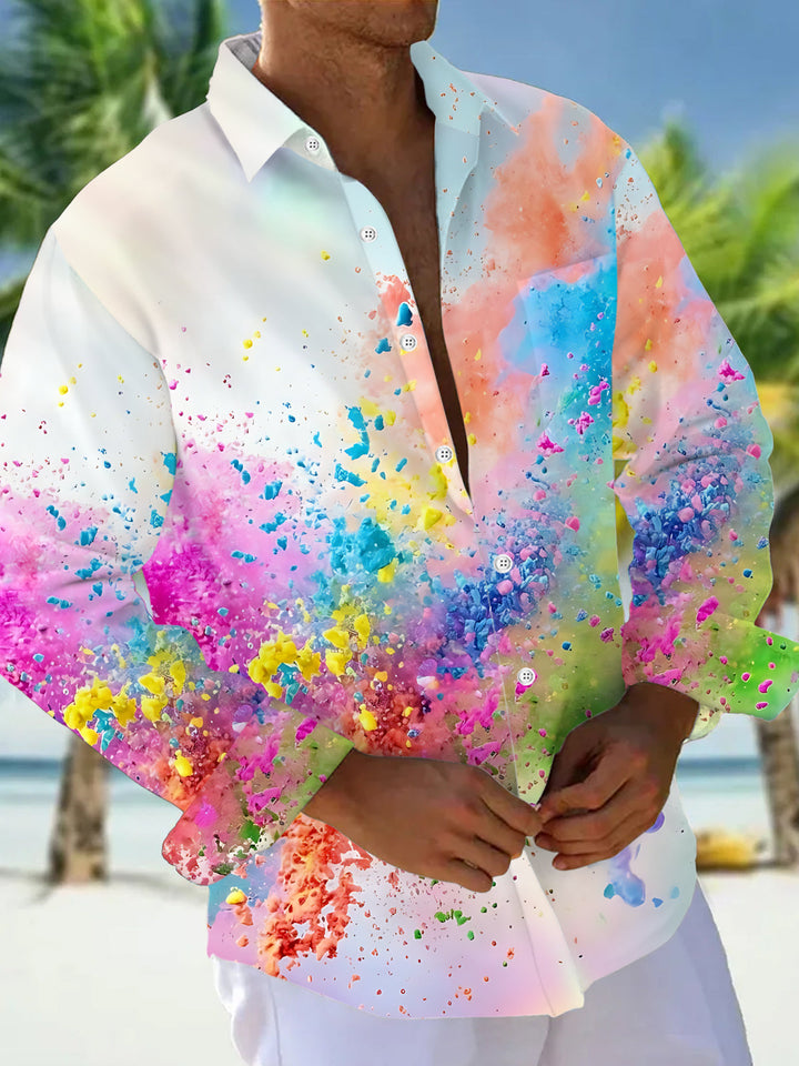 Oceanlyte Men's Graphic Abstract Colorful Powder Splatter Print Long Sleeve Button Down Shirt with Chest Pocket