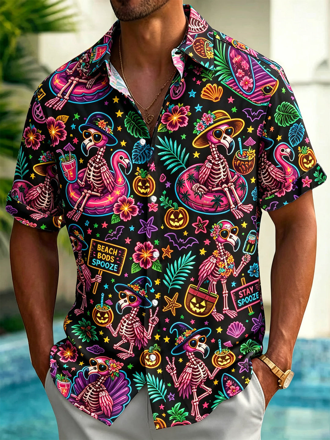 Halloween Pumpkin Flamingo Print Men's Pocket Short Sleeve Shirts