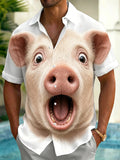 Oceanlyte Men's 3D Pig Face Graphic Print Short Sleeve Button Down Shirt with Chest Pocket