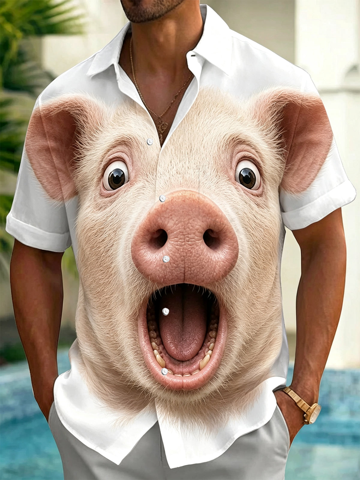 Oceanlyte Men's 3D Pig Face Graphic Print Short Sleeve Button Down Shirt with Chest Pocket