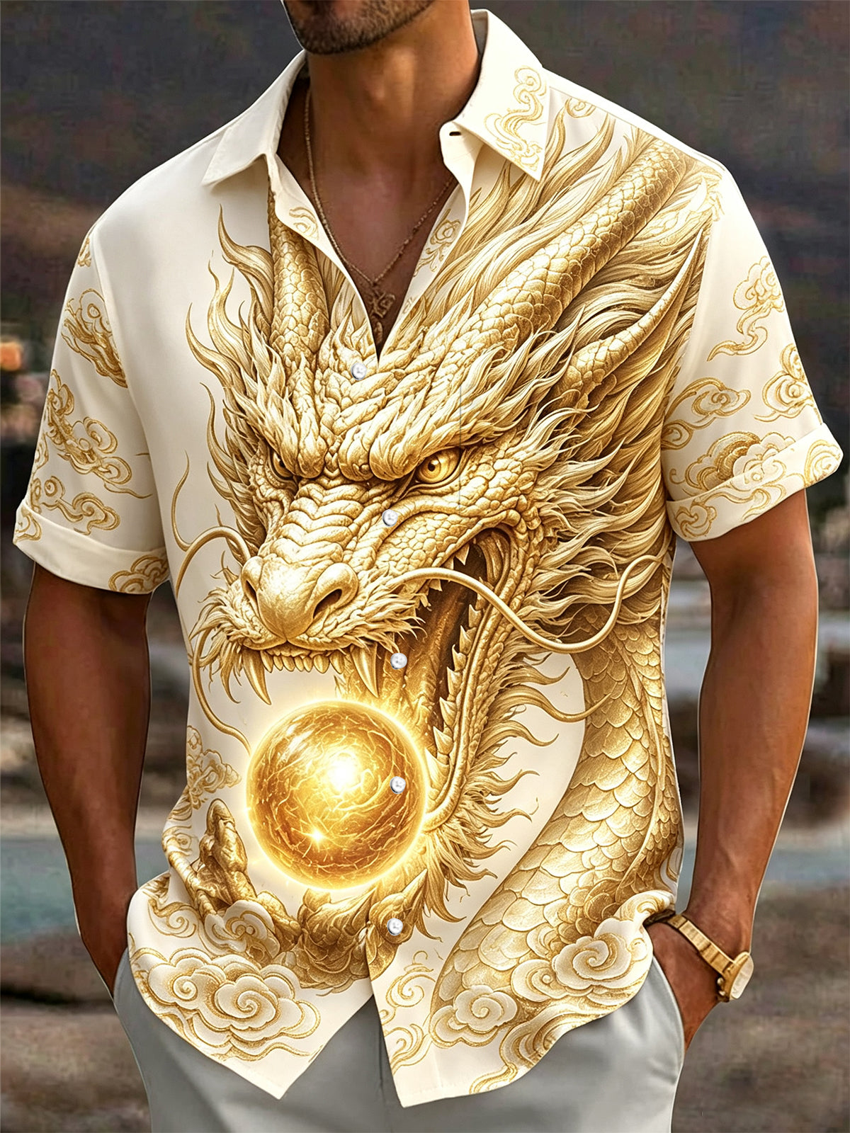 Oceanlyte Men's 3D Golden Dragon Graphic Print Short Sleeve Button Down Shirt with Chest Pocket