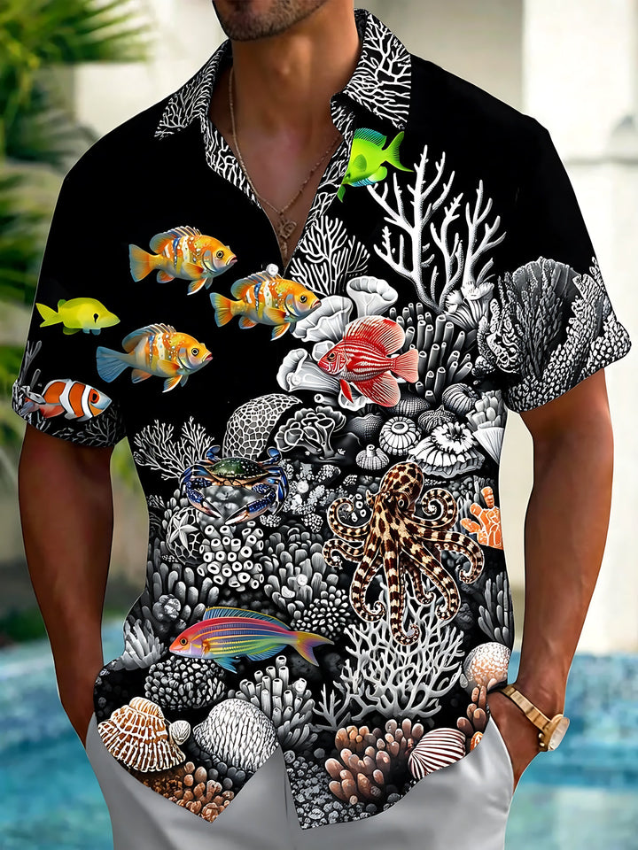 Oceanlyte Men's 3D Underwater Marine Life Graphic Print Short Sleeve Button Down Shirt with Chest Pocket