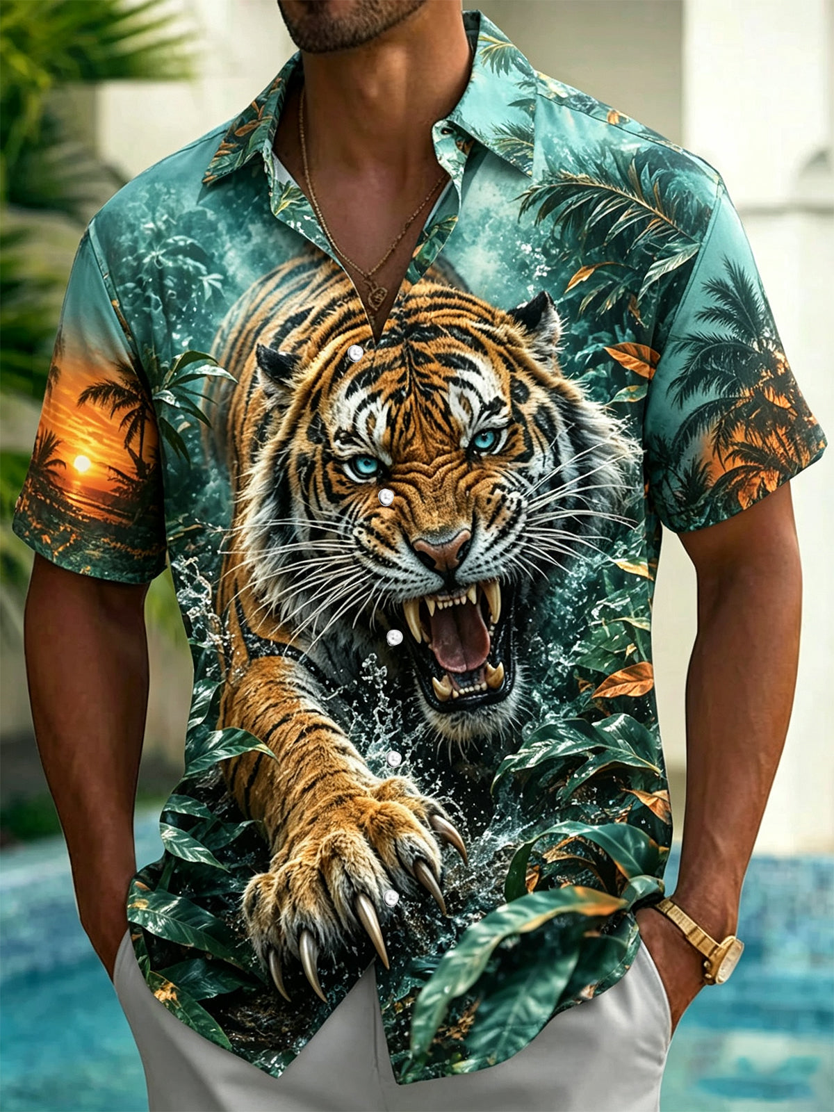 Oceanlyte Men's Graphic 3D Tiger Tropical Jungle Print Short Sleeve Button Down Shirt with Chest Pocket